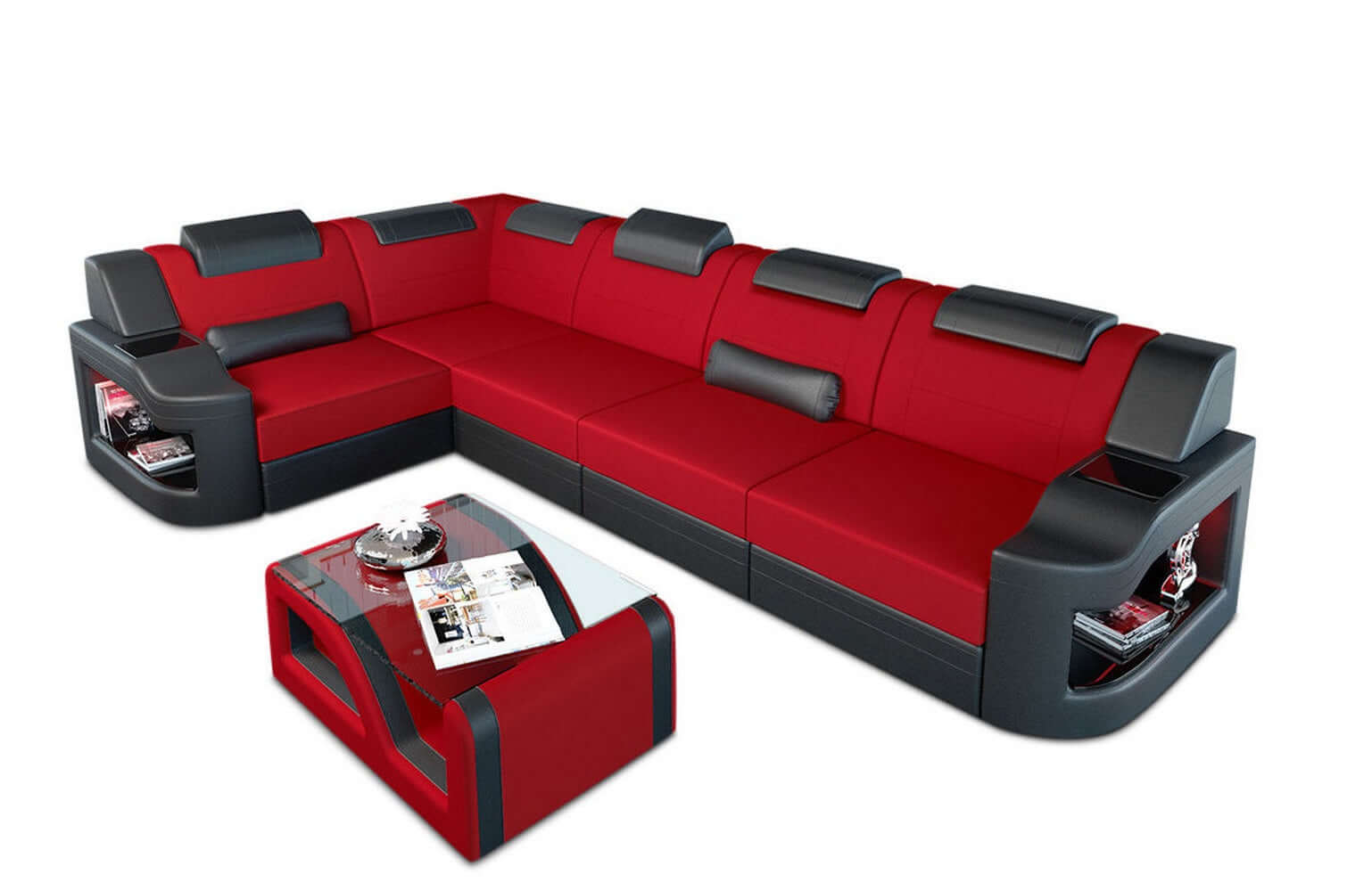 Stoff Ecksofa Padua L-Form Rot-Schwarz