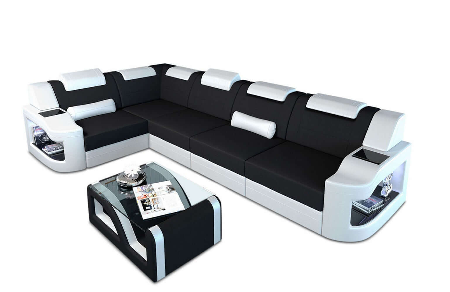 Stoff Ecksofa Padua L-Form Schwarz-Weiß