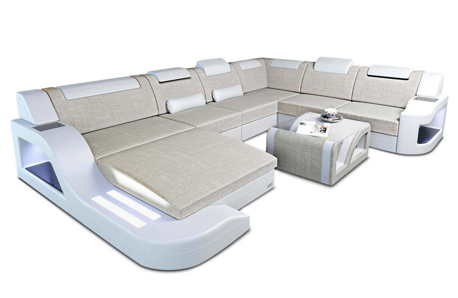 Designer Stoff-Wohnlandschaft Palermo XL LED Elfenbein-Weiß