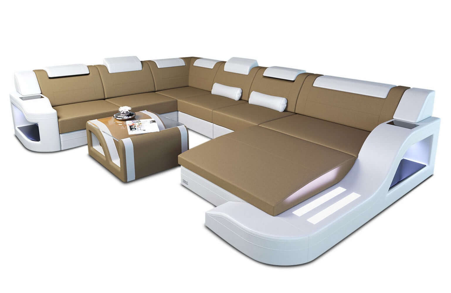 XXL Stoff Wohnlandschaft Palermo U-Form Cappuccino-Weiß