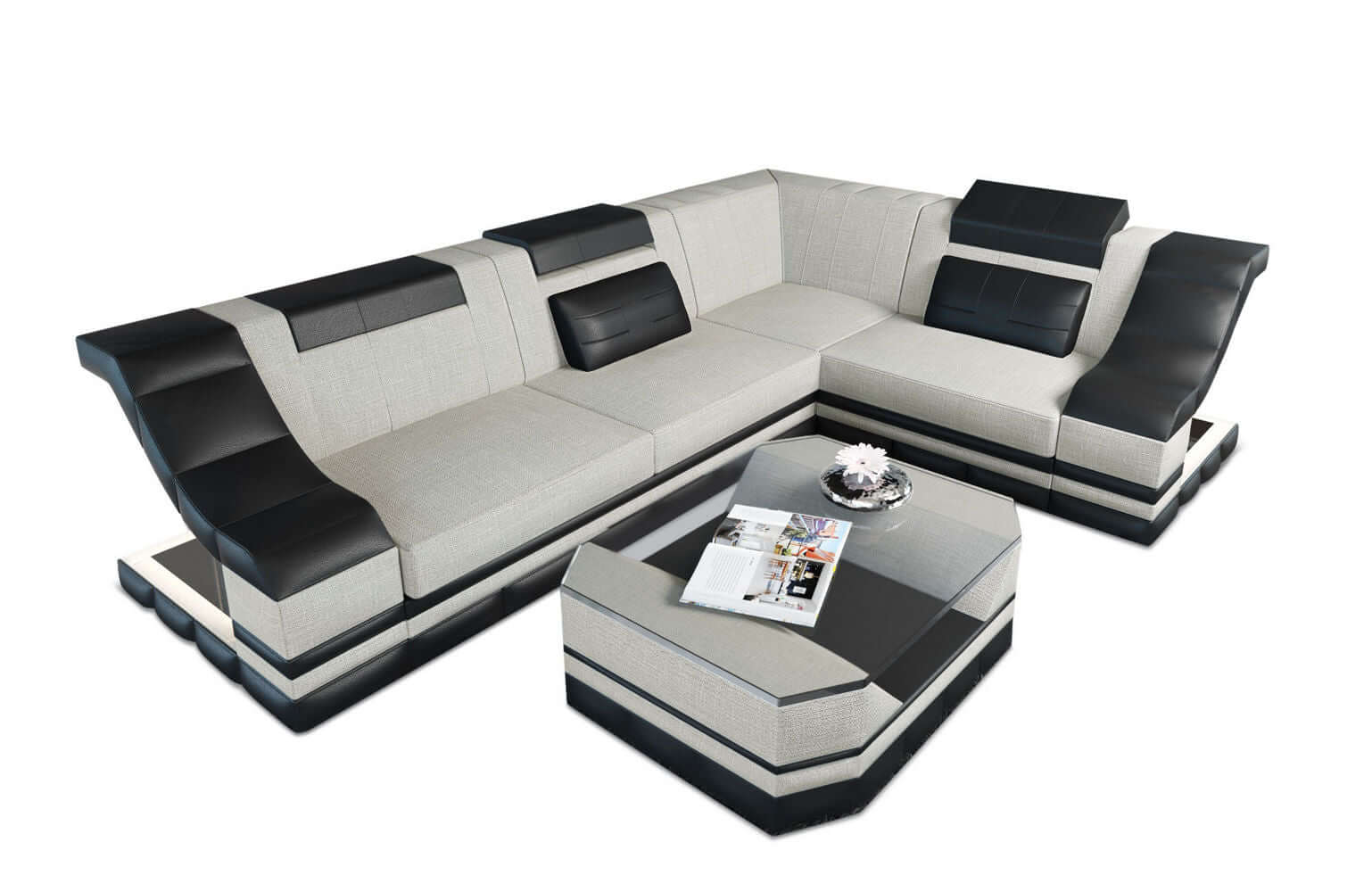 Stoff Ecksofa Bianchi L Form elfenbein-schwarz