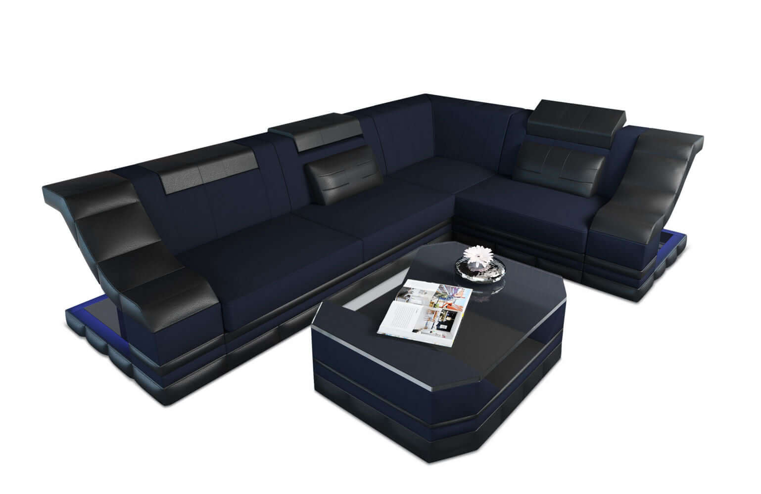Stoff Ecksofa Bianchi L-Form Dunkelblau-Schwarz