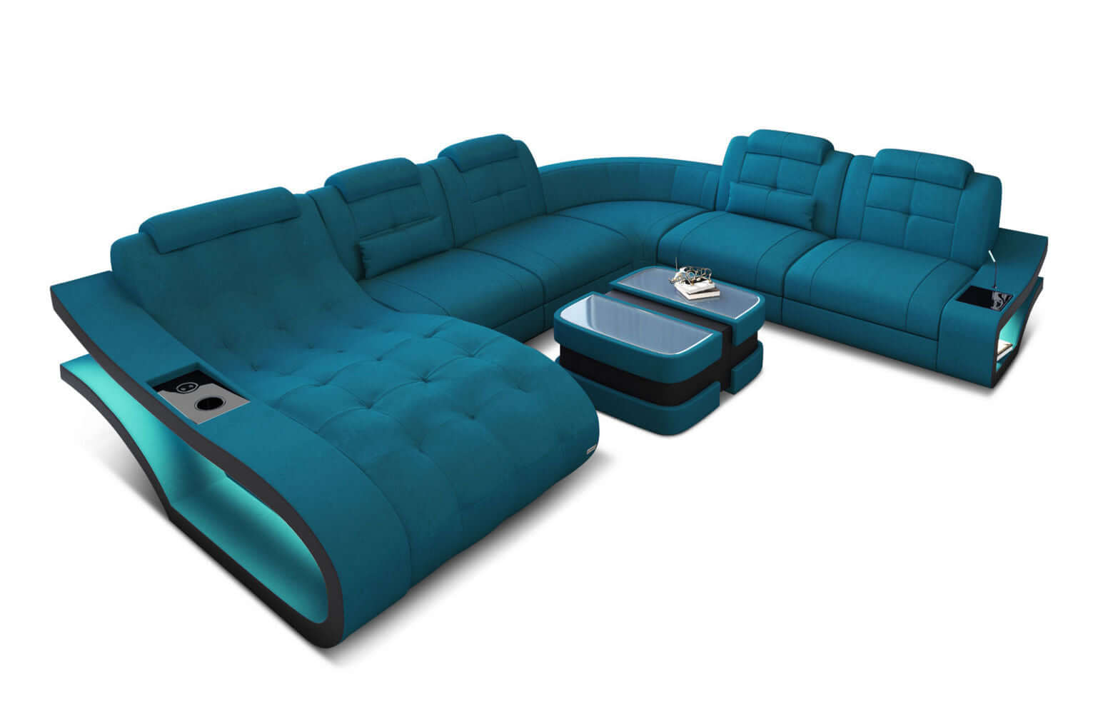 Stoff Wohnlandschaft Elegante XXL – Komfort Azurblau-Schwarz