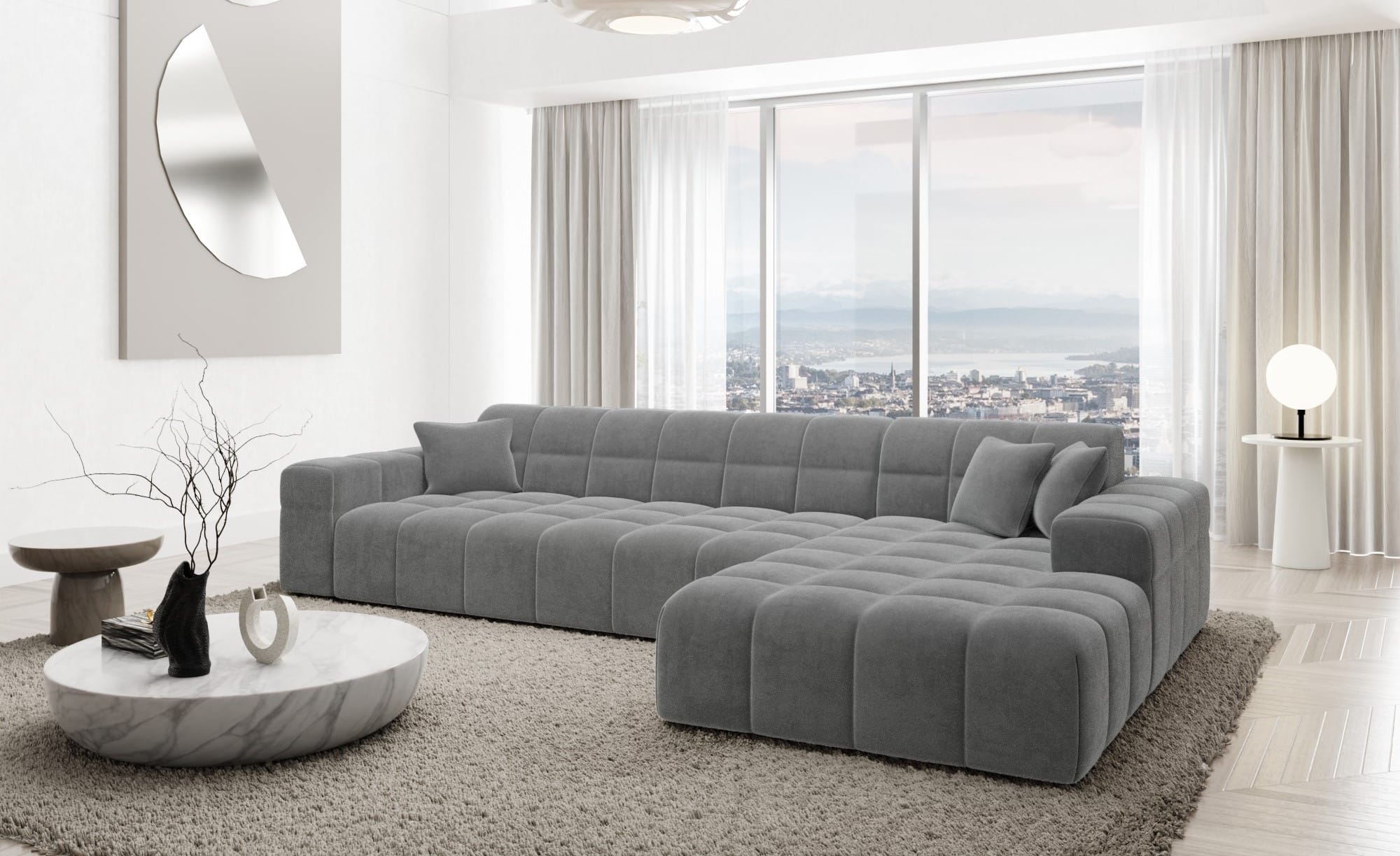 Couch Ibiza L Form in Stoff Kurz dunkelgrau