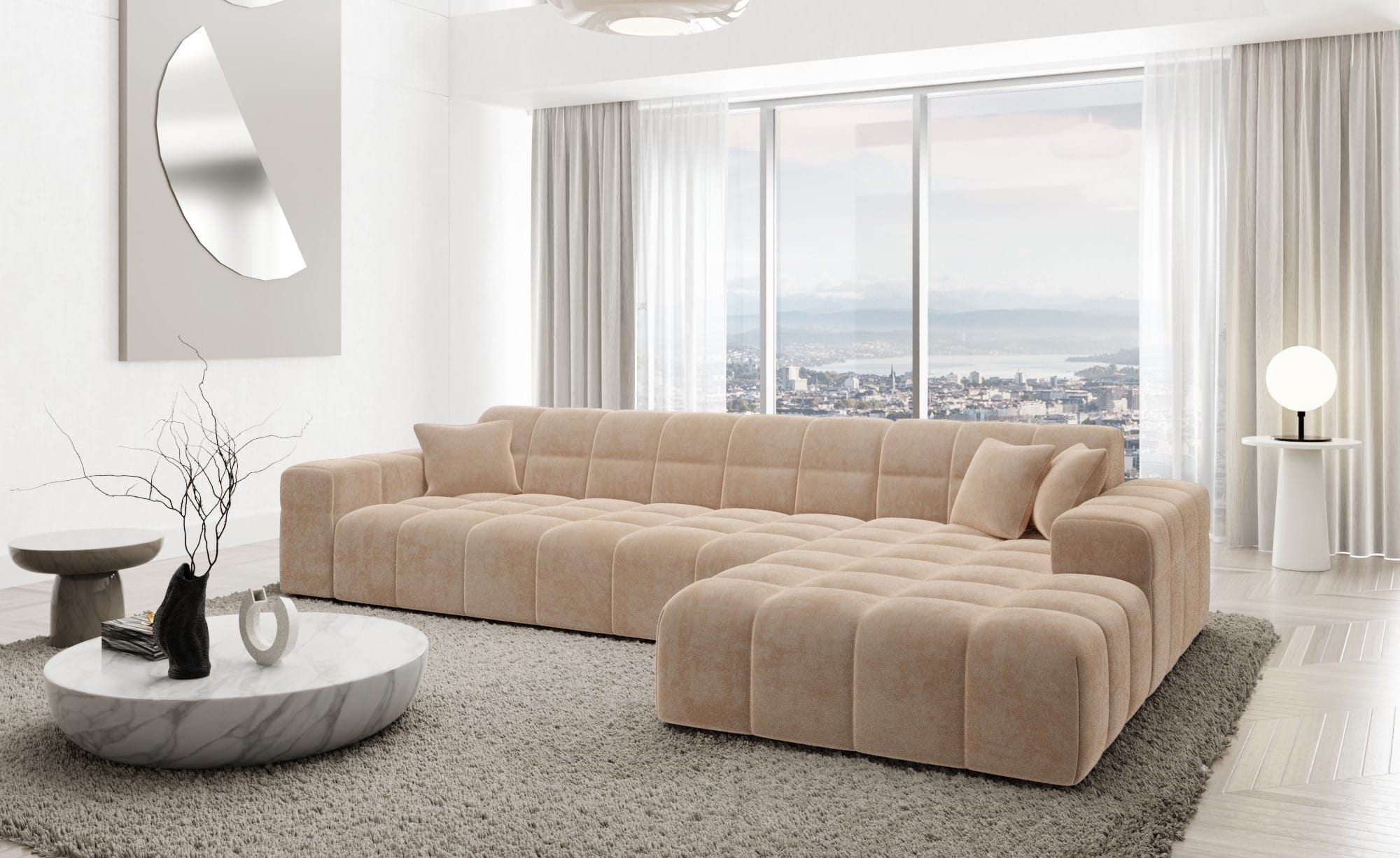 Couch Ibiza L-Form in Stoff Kurz Beige