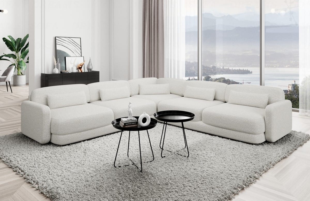 Ecksofa Valencia L-Form aus Stoff Weiß