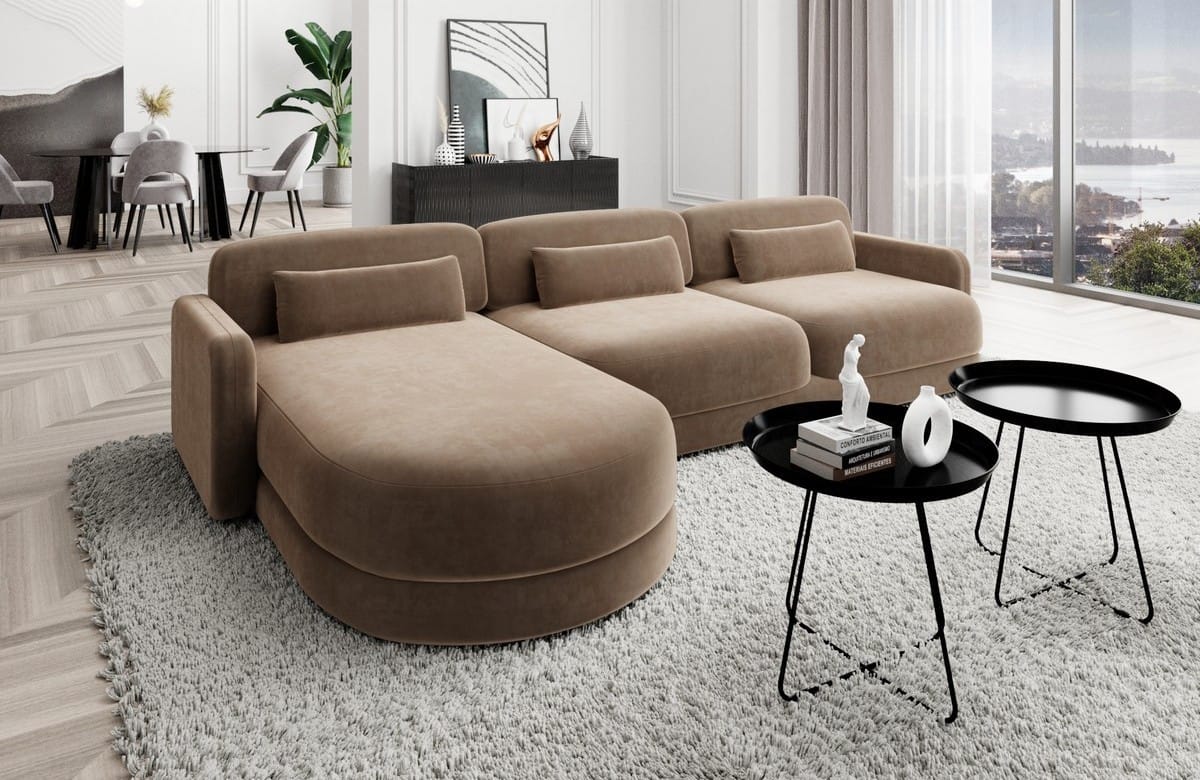 Ecksofa Valencia L-Form aus Stoff Kurz Braun