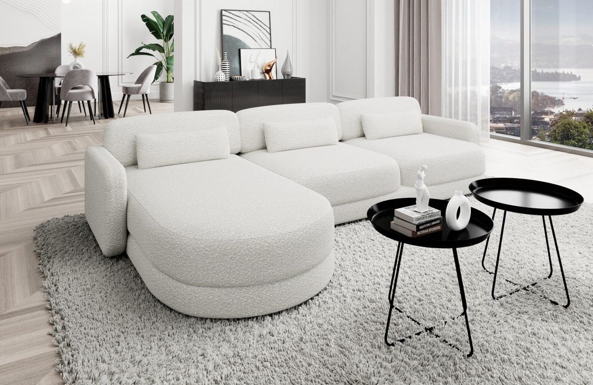 Ecksofa Valencia L-Form aus Stoff Kurz Weiß