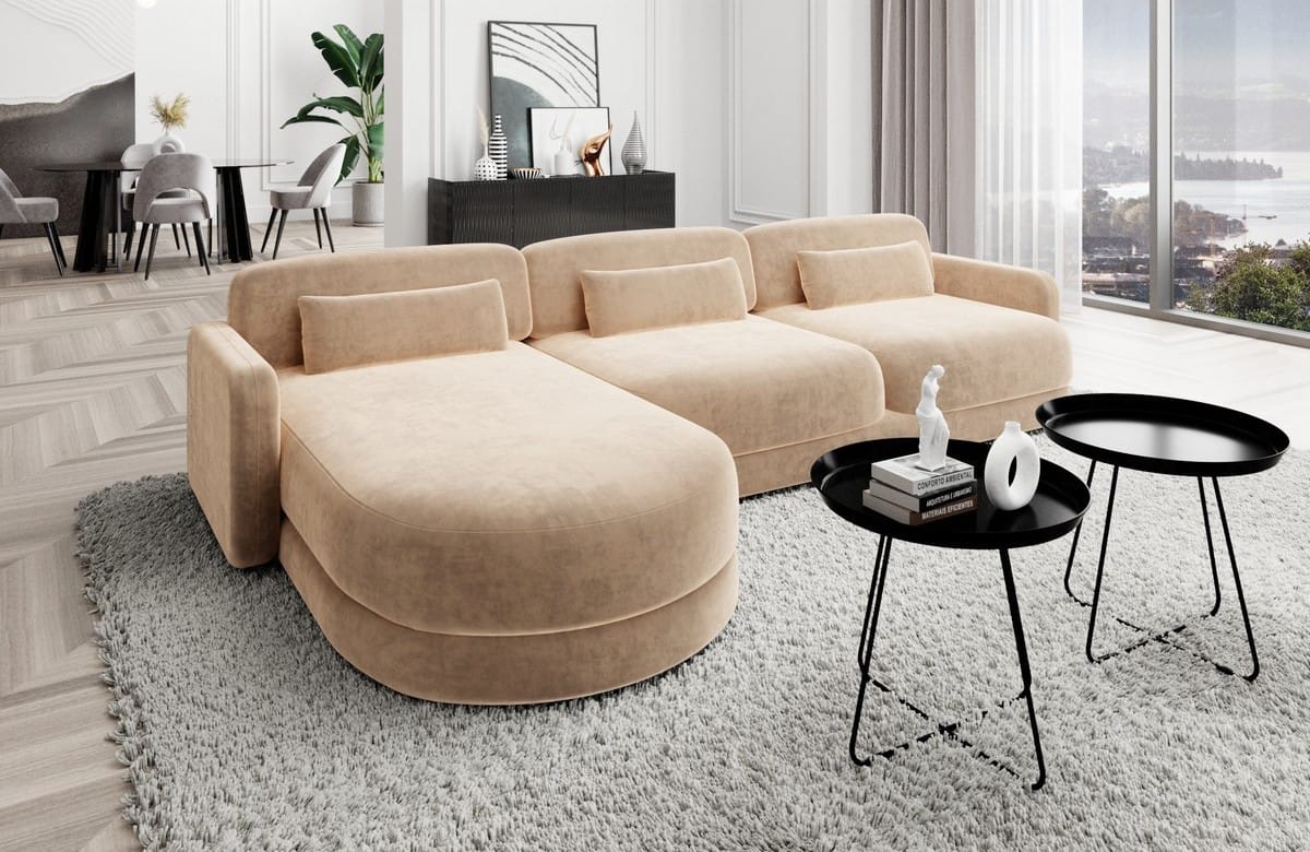 Ecksofa Valencia L-Form aus Stoff Kurz Beige