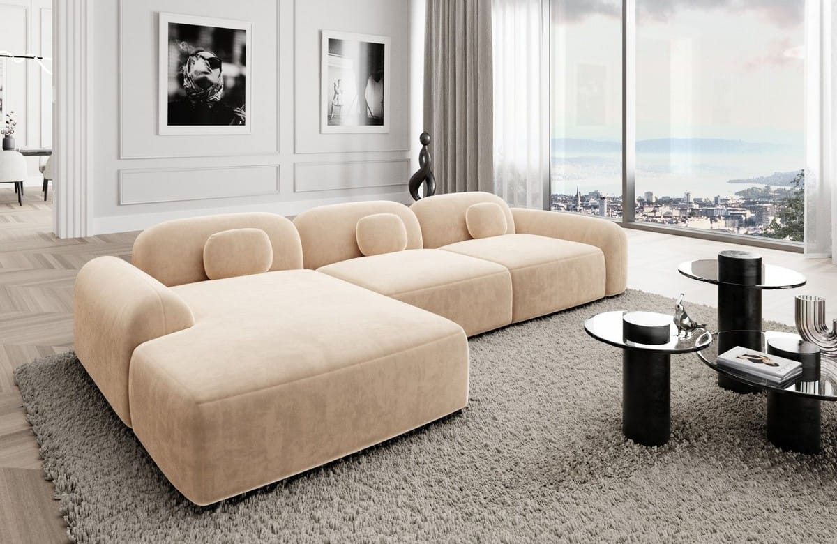 Ecksofa Barcelona L-Form aus Stoff Kurz Beige