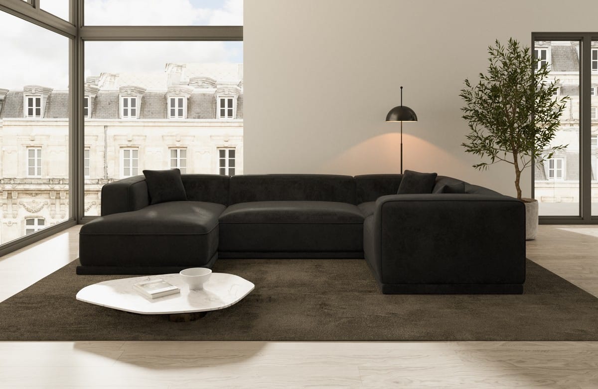 Stoff Wohnlandschaft Merida U-Form Schwarz