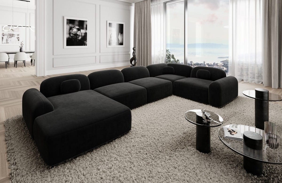 Wohnlandschaft Barcelona U-Form aus Stoff Schwarz