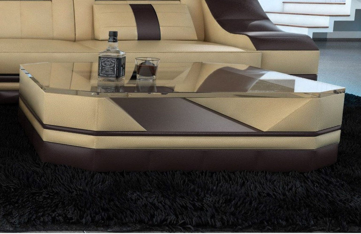 Couchtisch Turino in Leder Sandbeige-Dunkelbraun