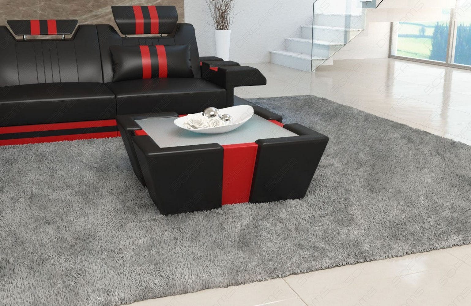 Leder Couchtisch Apollonia – Mit LED Beleuchtung Schwarz-Rot