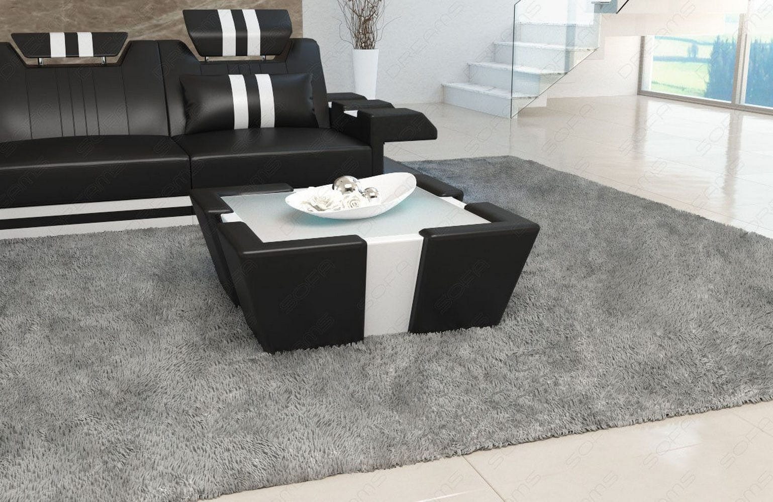 Leder Couchtisch Apollonia – Mit LED Beleuchtung Schwarz-Weiß