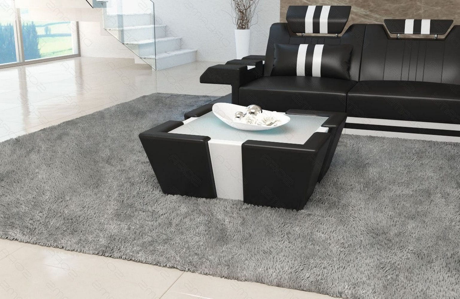 Leder Couchtisch Apollonia – Mit LED Beleuchtung Schwarz-Weiß