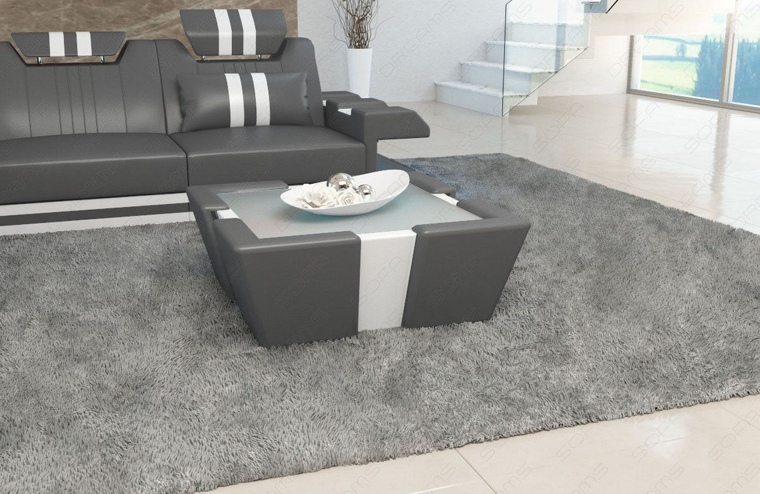 Leder Couchtisch Apollonia – Mit LED Beleuchtung Grau-Weiß