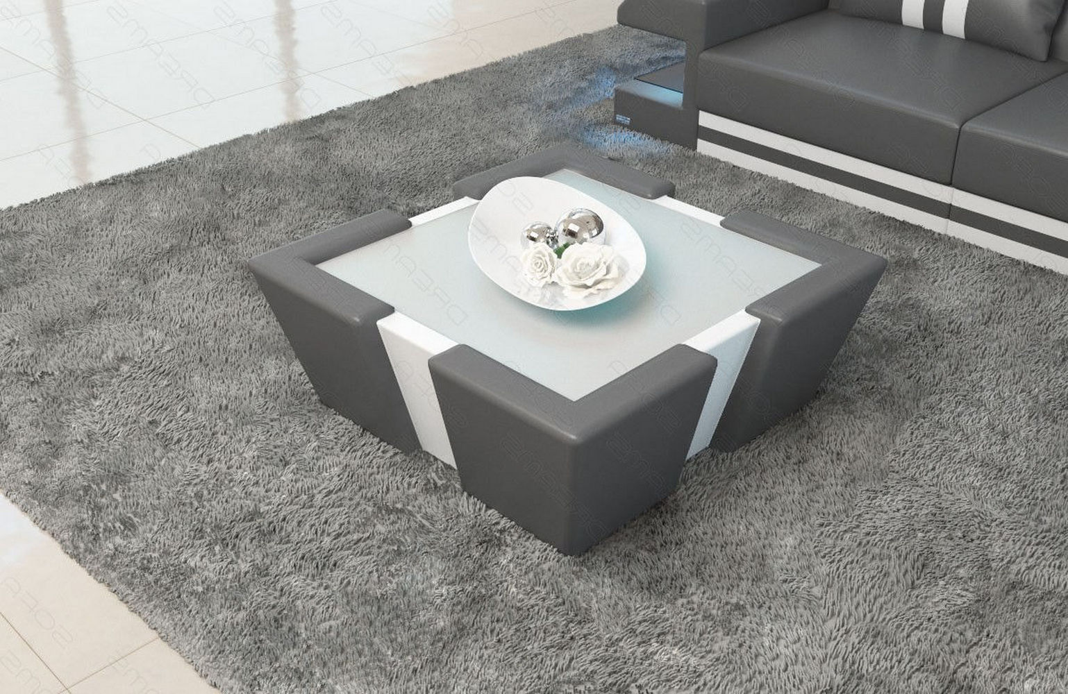 Leder Couchtisch Apollonia – Mit LED Beleuchtung Grau-Weiß