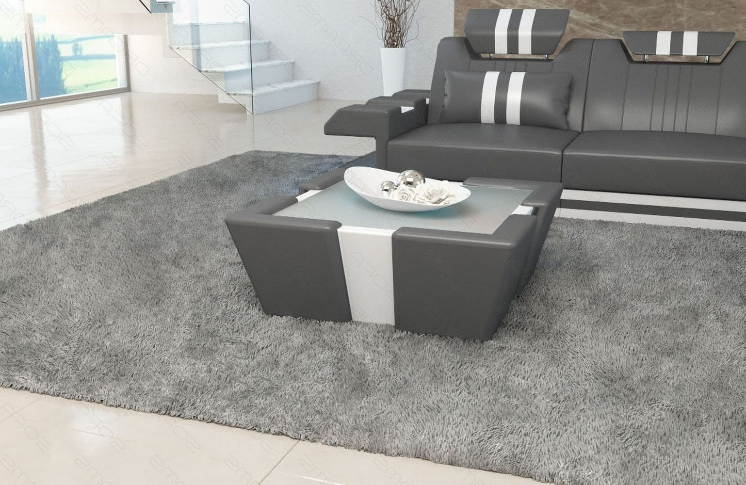 Leder Couchtisch Apollonia – Mit LED Beleuchtung Grau-Weiß