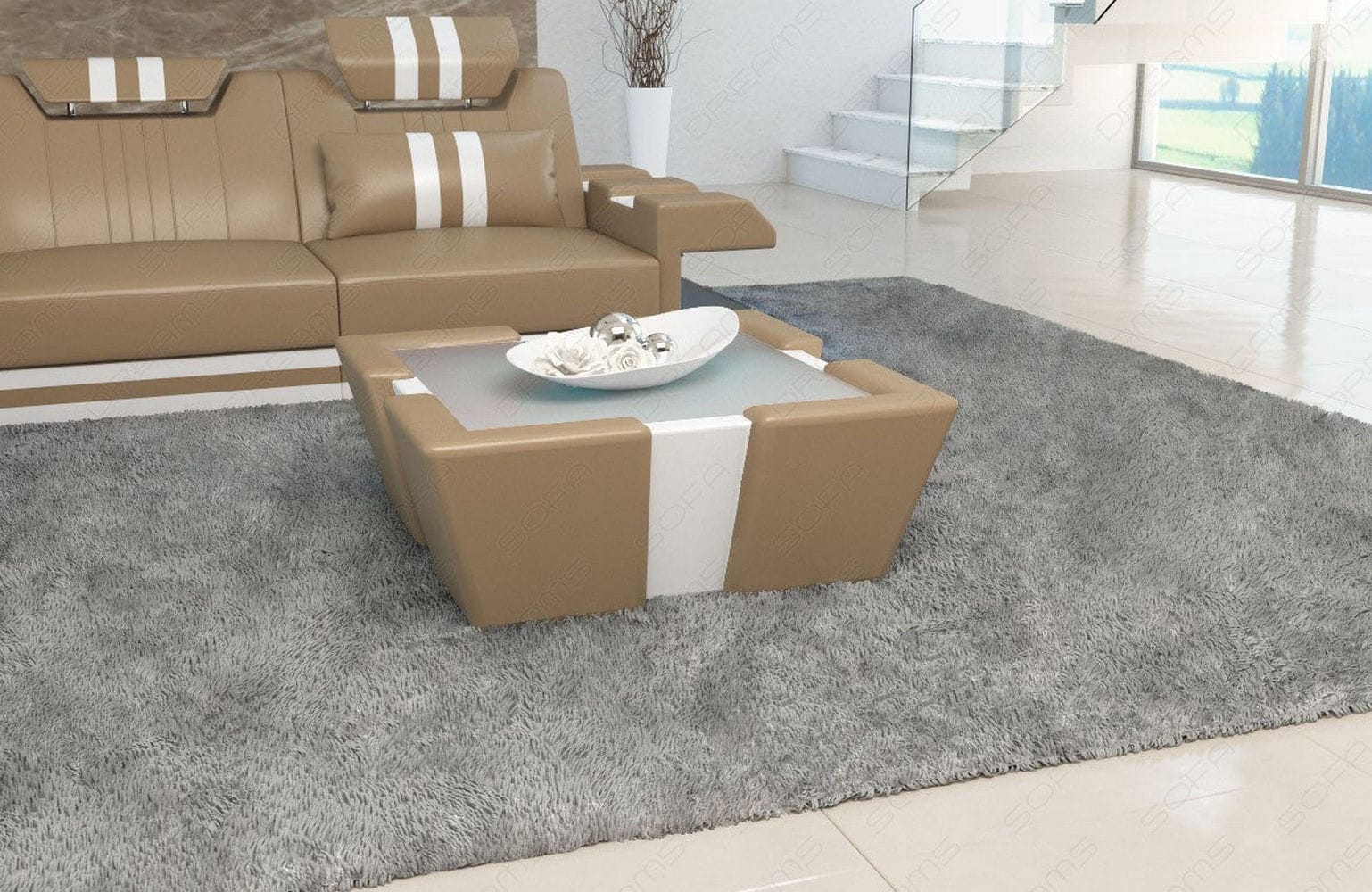 Leder Couchtisch Apollonia – Mit LED Beleuchtung Sandbeige-Weiß