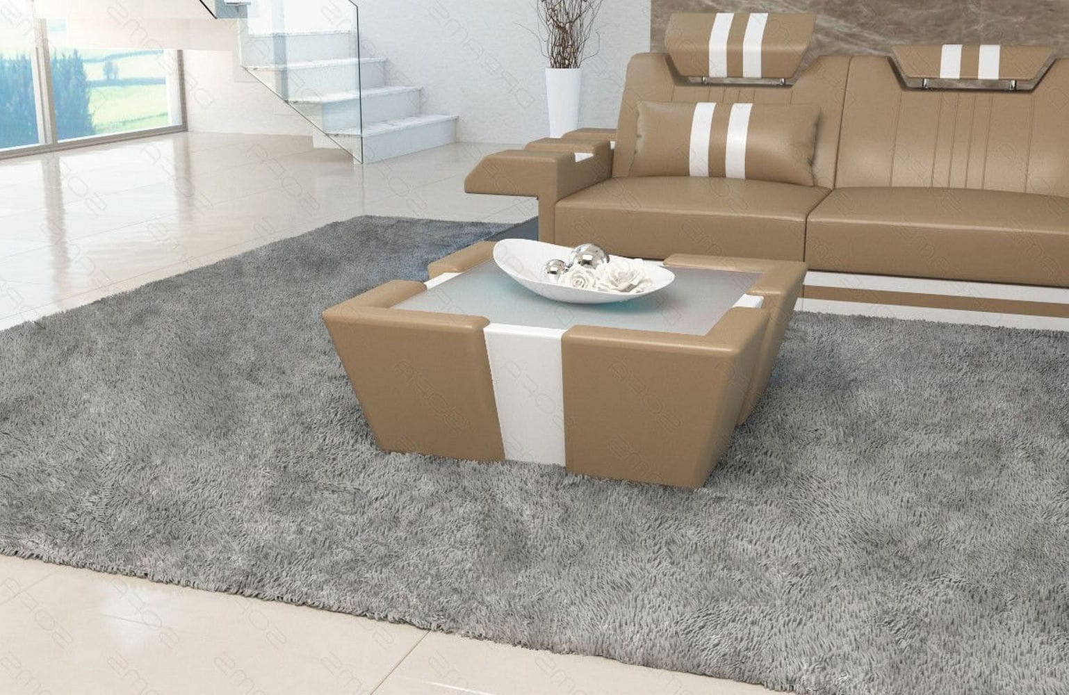 Leder Couchtisch Apollonia – Mit LED Beleuchtung Sandbeige-Weiß
