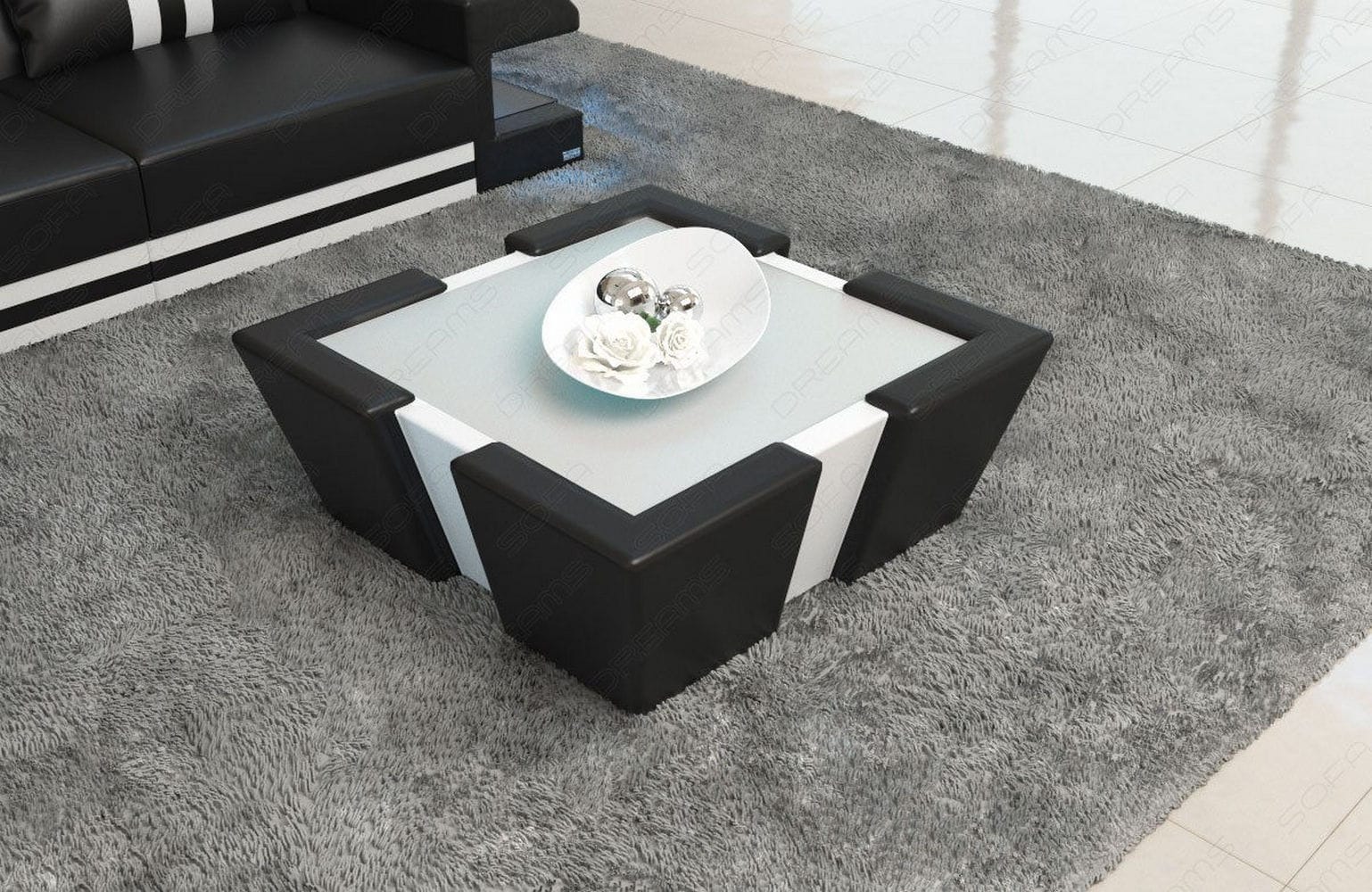 Leder Couchtisch Apollonia – Mit LED Beleuchtung Schwarz-Weiß