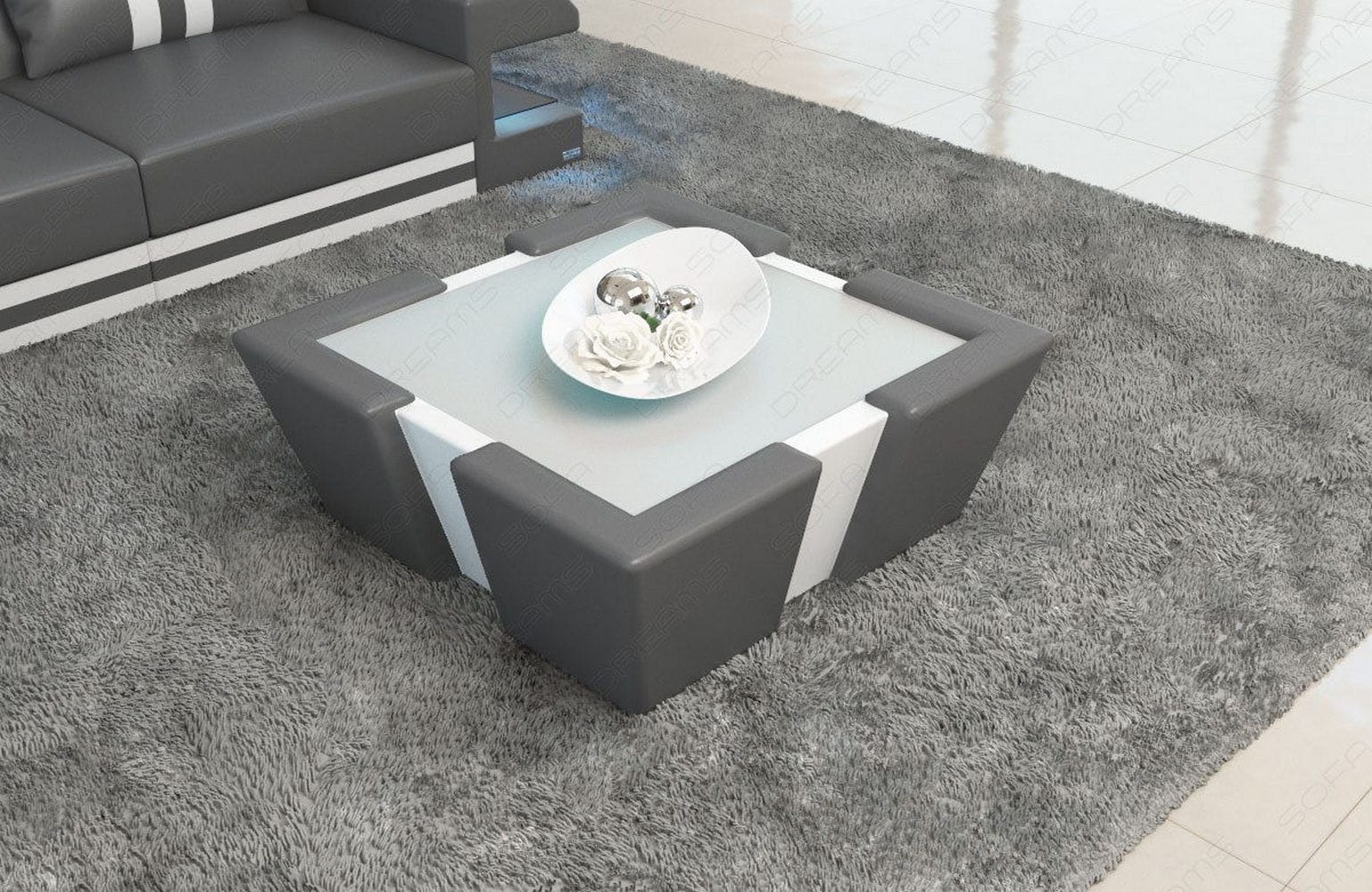 Leder Couchtisch Apollonia – Mit LED Beleuchtung Grau-Weiß