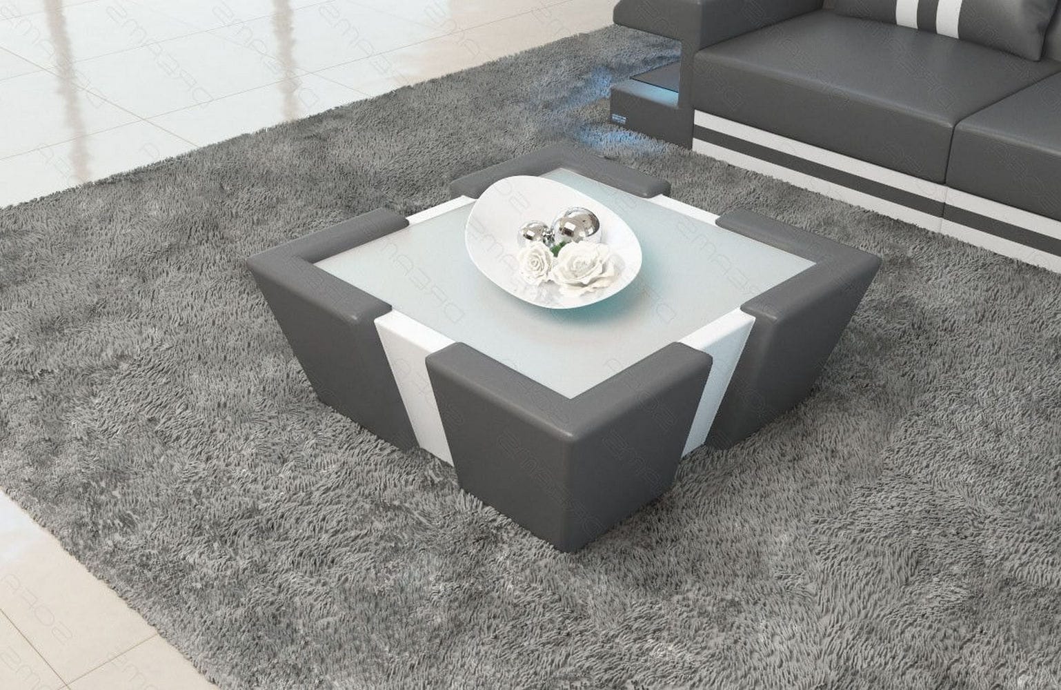 Leder Couchtisch Apollonia – Mit LED Beleuchtung Grau-Weiß