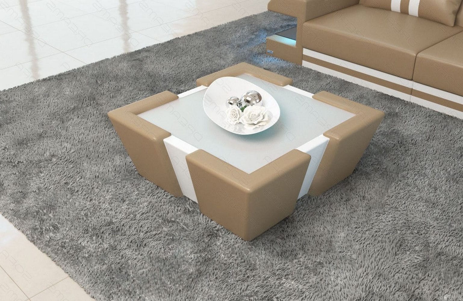 Leder Couchtisch Apollonia – Mit LED Beleuchtung Sandbeige-Weiß