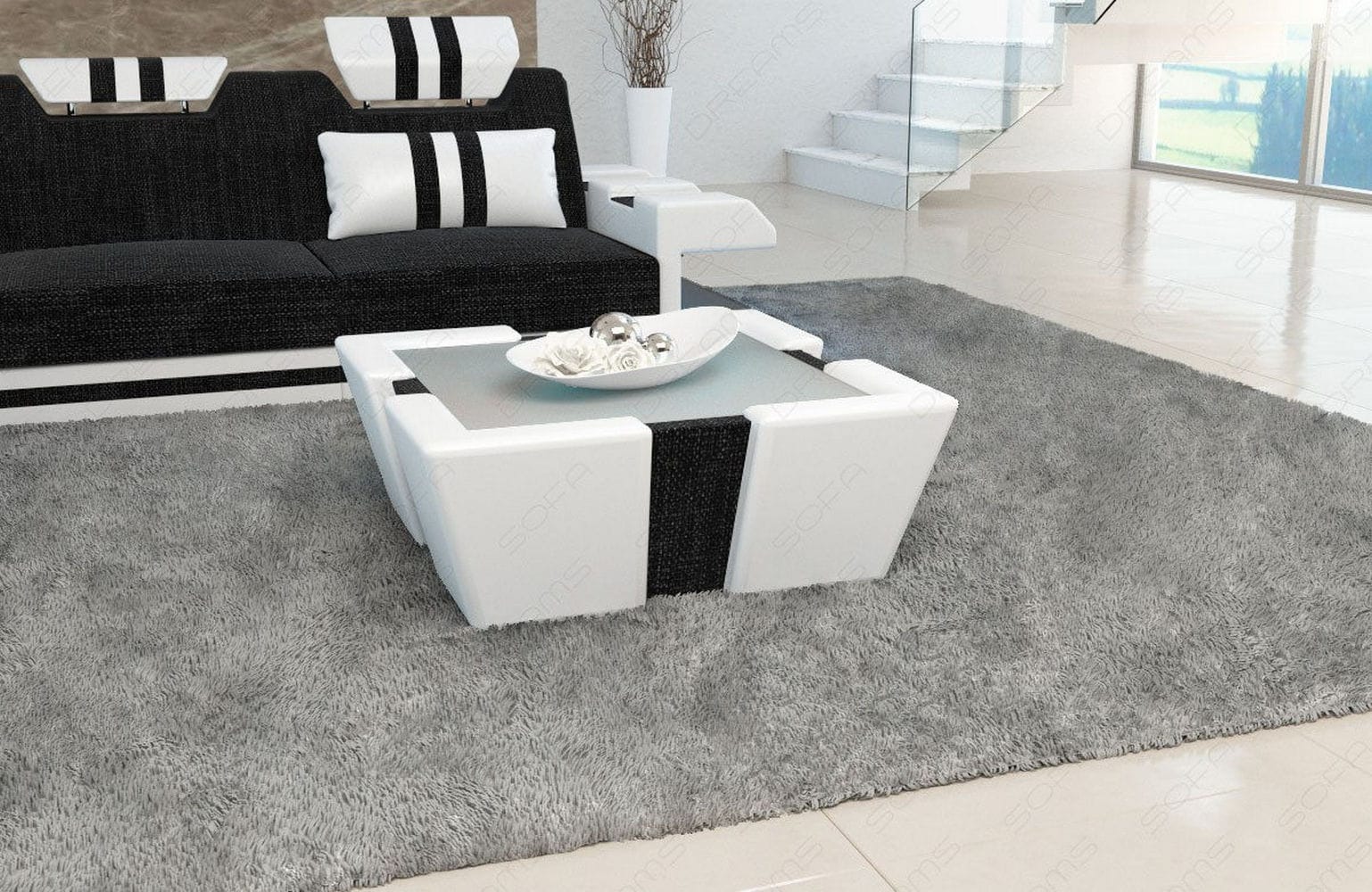 Stoff Couchtisch Apollonia mit LED Dunkelgrau-Weiß