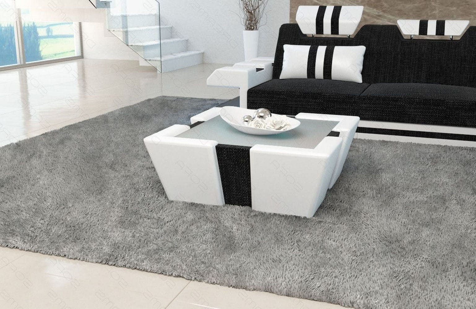 Stoff Couchtisch Apollonia mit LED Dunkelgrau-Weiß