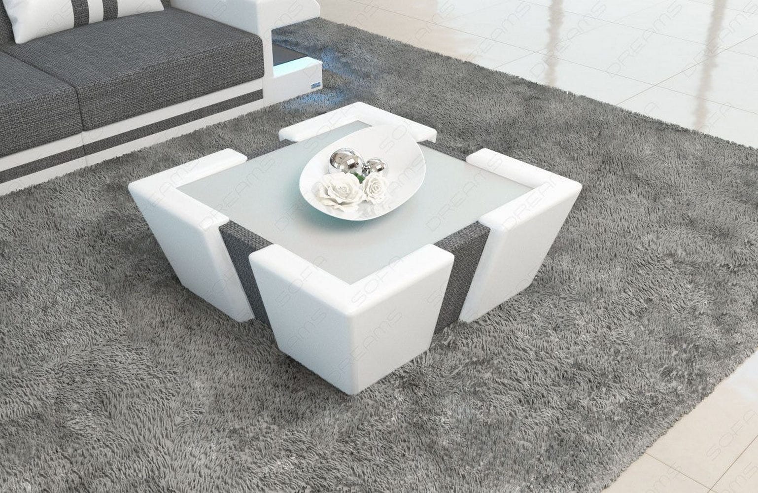 Stoff Couchtisch Apollonia mit LED Grau-Weiß