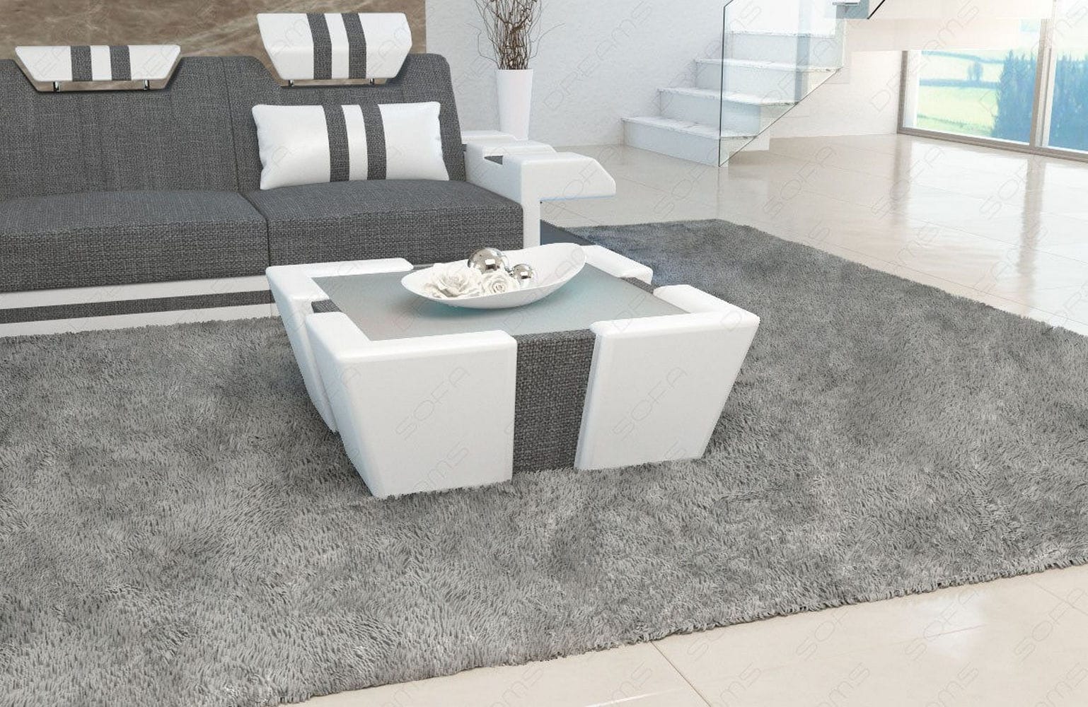Stoff Couchtisch Apollonia mit LED Grau-Weiß
