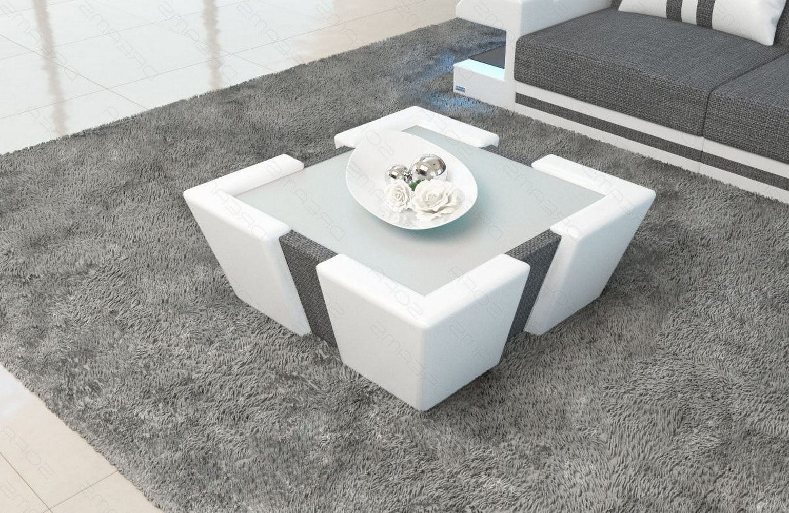 Stoff Couchtisch Apollonia mit LED Grau-Weiß