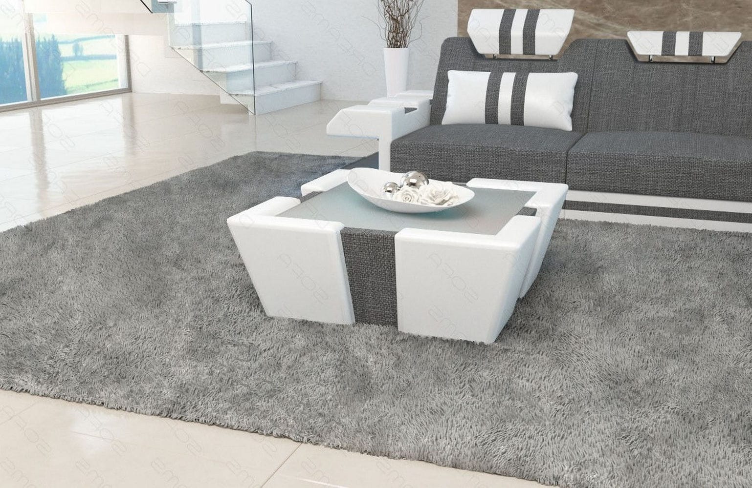 Stoff Couchtisch Apollonia mit LED Grau-Weiß