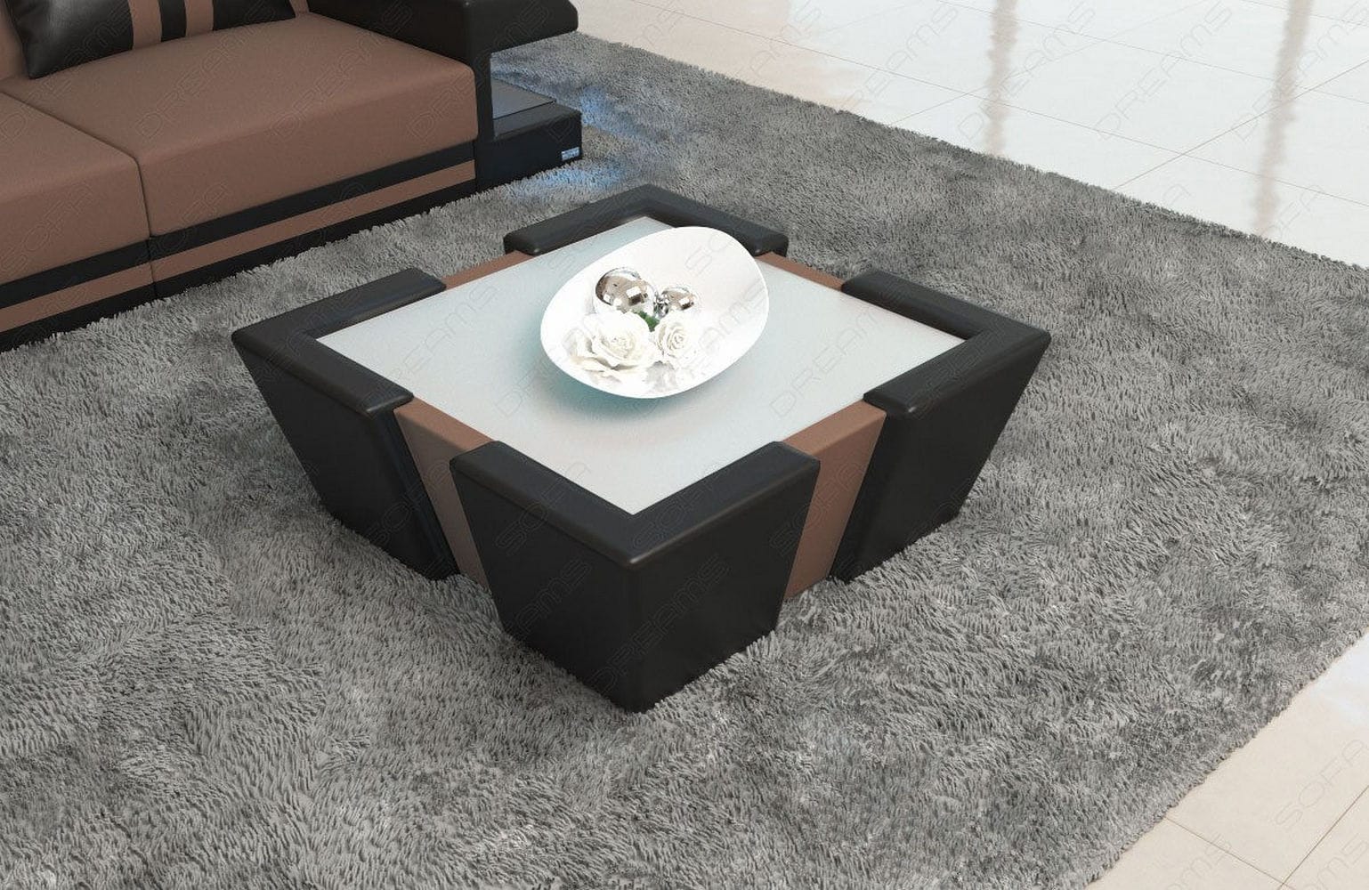 Stoff Couchtisch Apollonia mit LED Hellbraun-Weiß