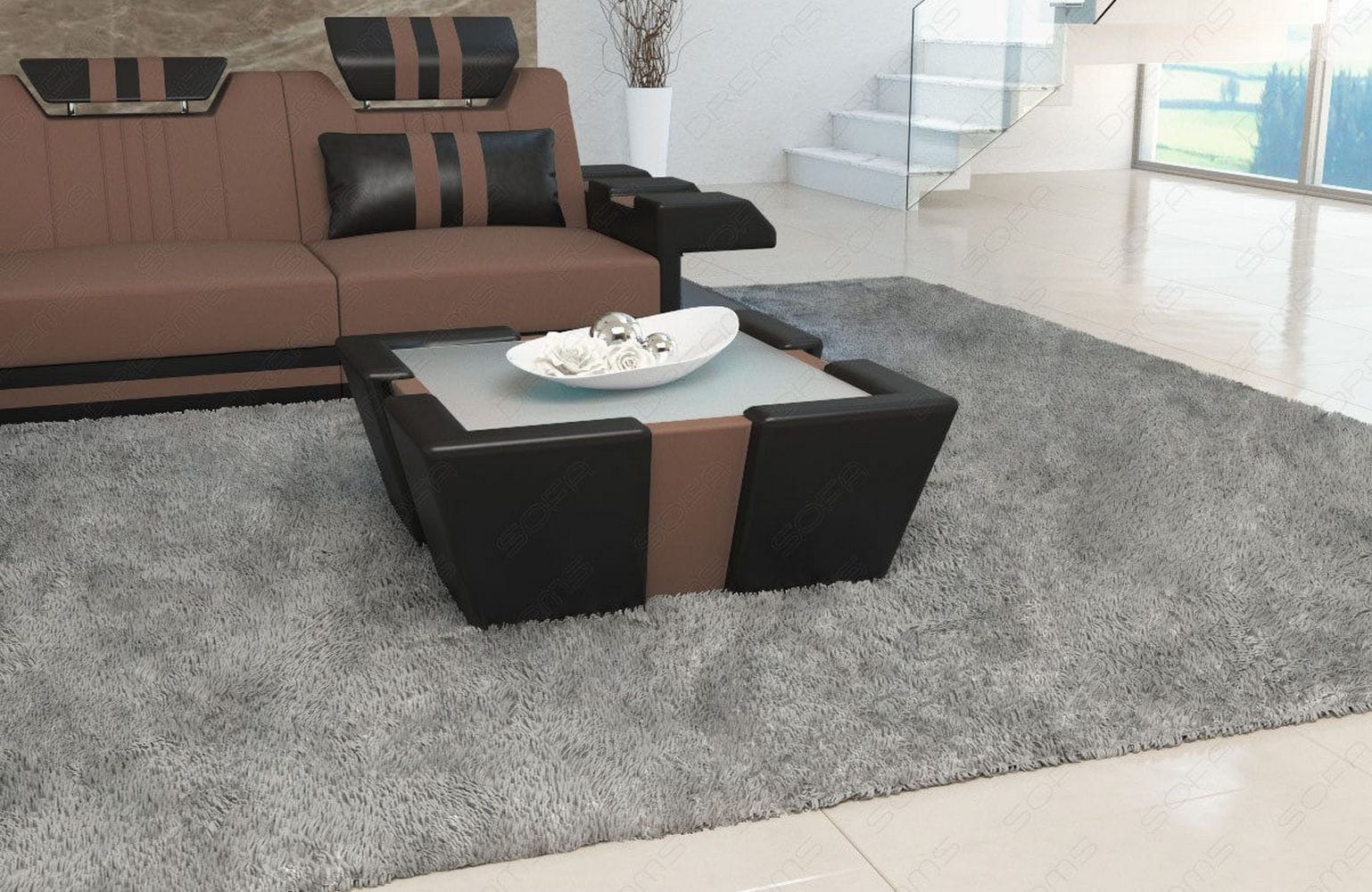 Stoff Couchtisch Apollonia mit LED Hellbraun-Weiß