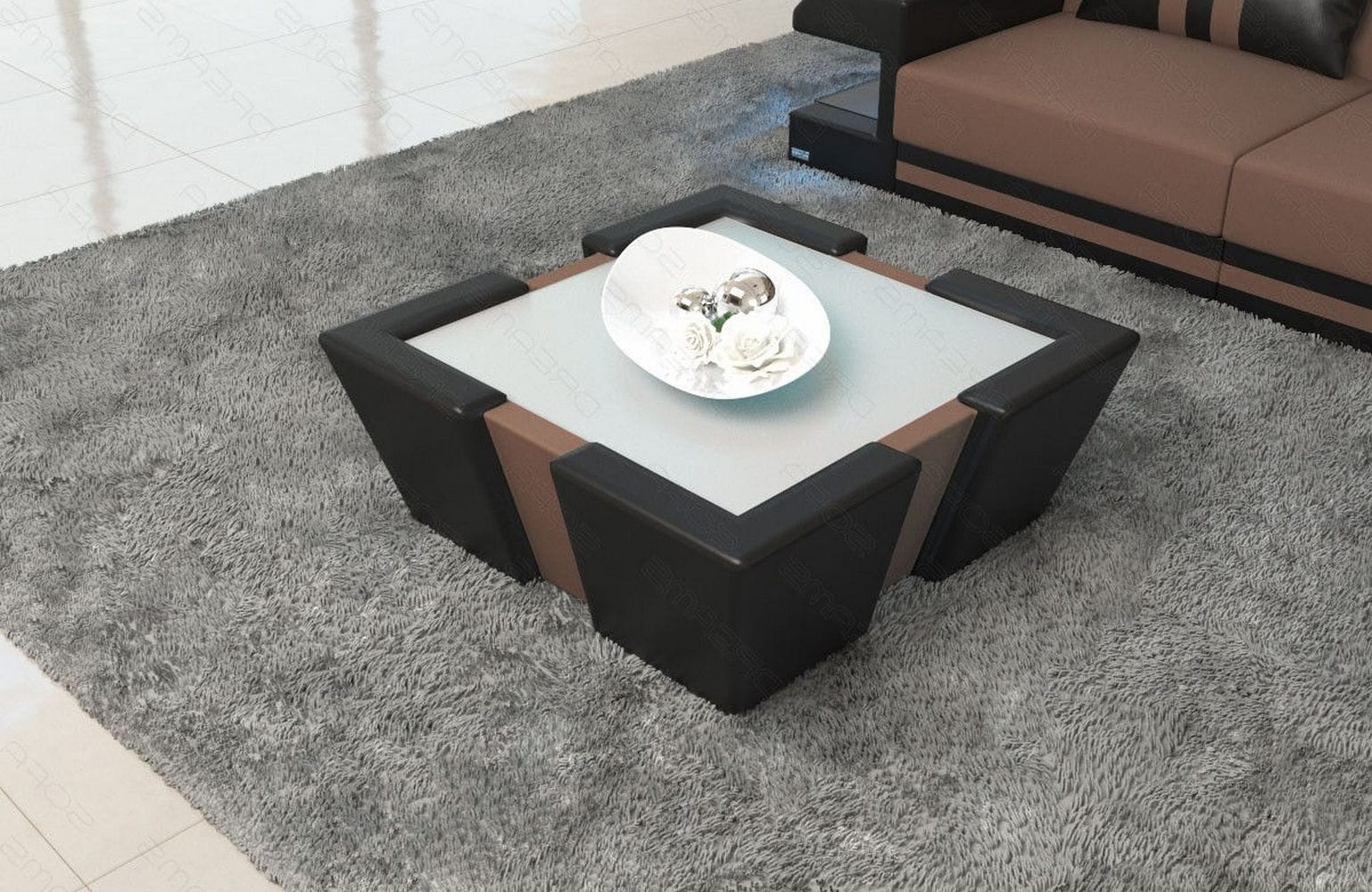 Stoff Couchtisch Apollonia mit LED Hellbraun-Weiß