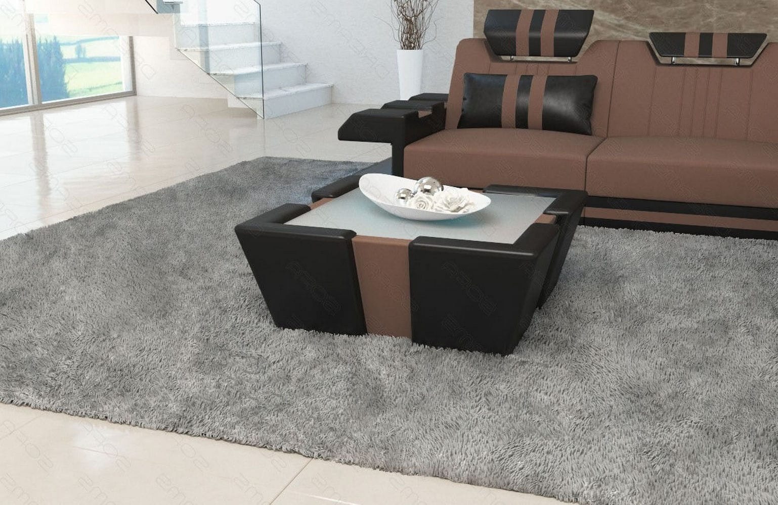 Stoff Couchtisch Apollonia mit LED Hellbraun-Weiß