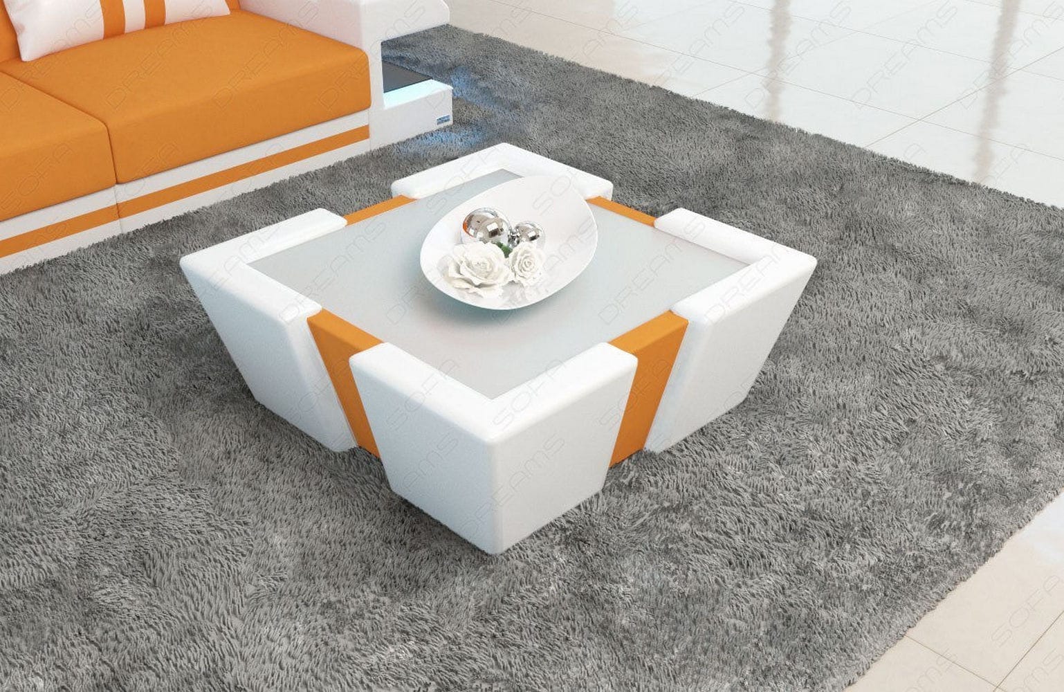 Stoff Couchtisch Apollonia mit LED Apricot-Weiß