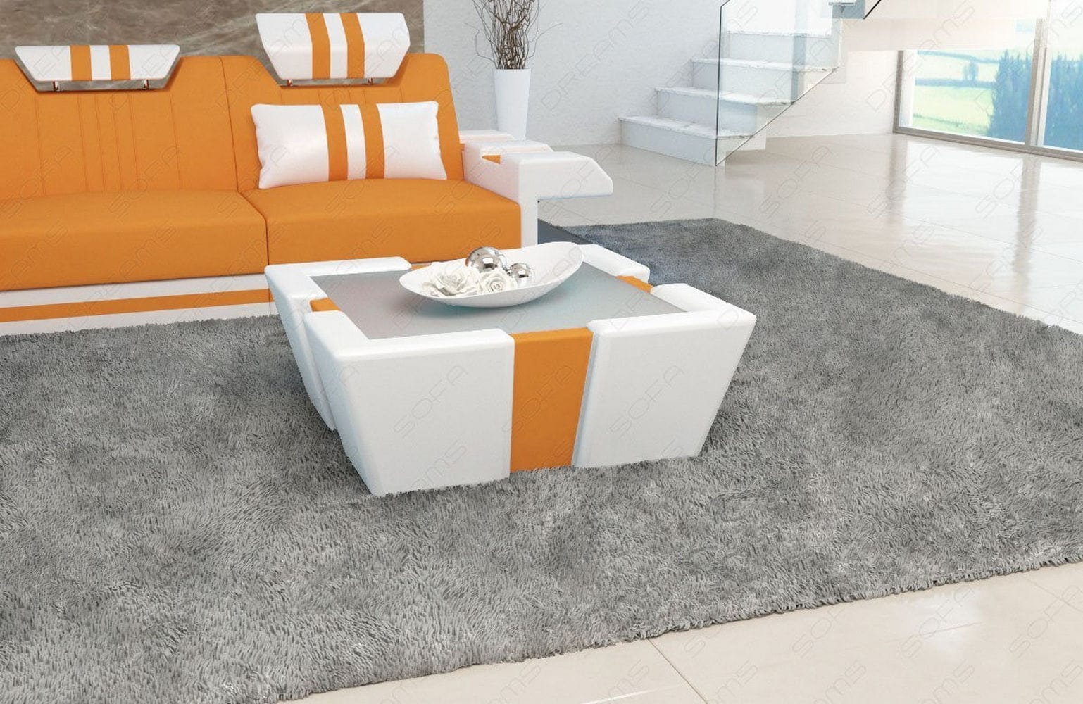 Stoff Couchtisch Apollonia mit LED Apricot-Weiß