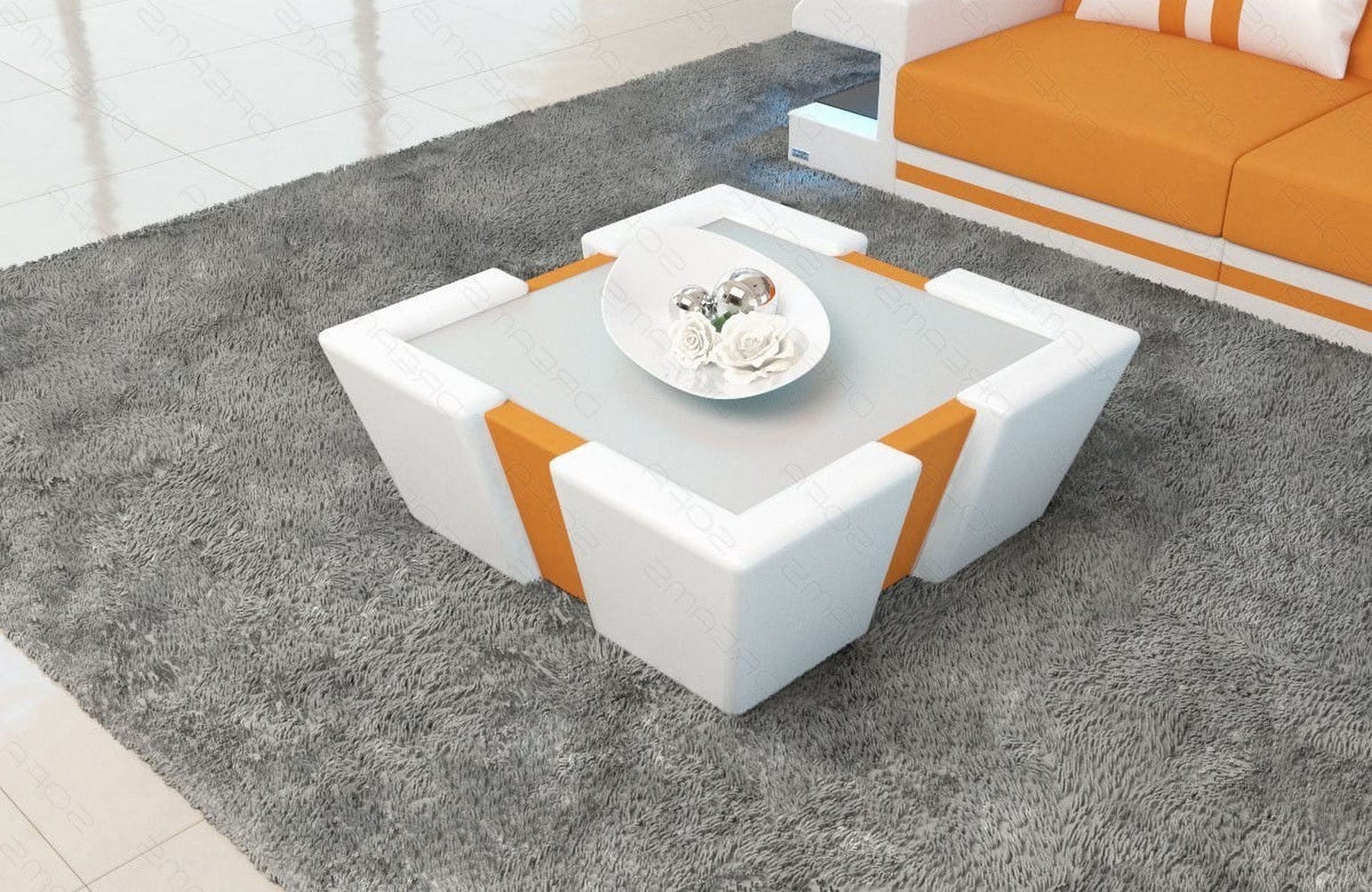 Stoff Couchtisch Apollonia mit LED Apricot-Weiß