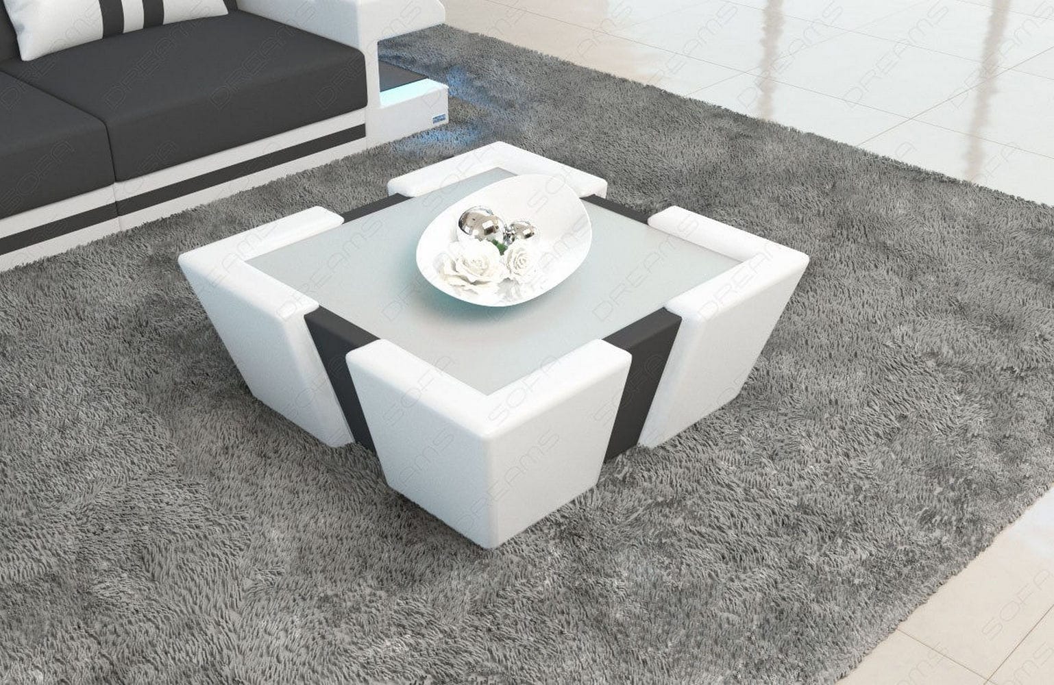 Stoff Couchtisch Apollonia mit LED Dunkelgrau-Weiß