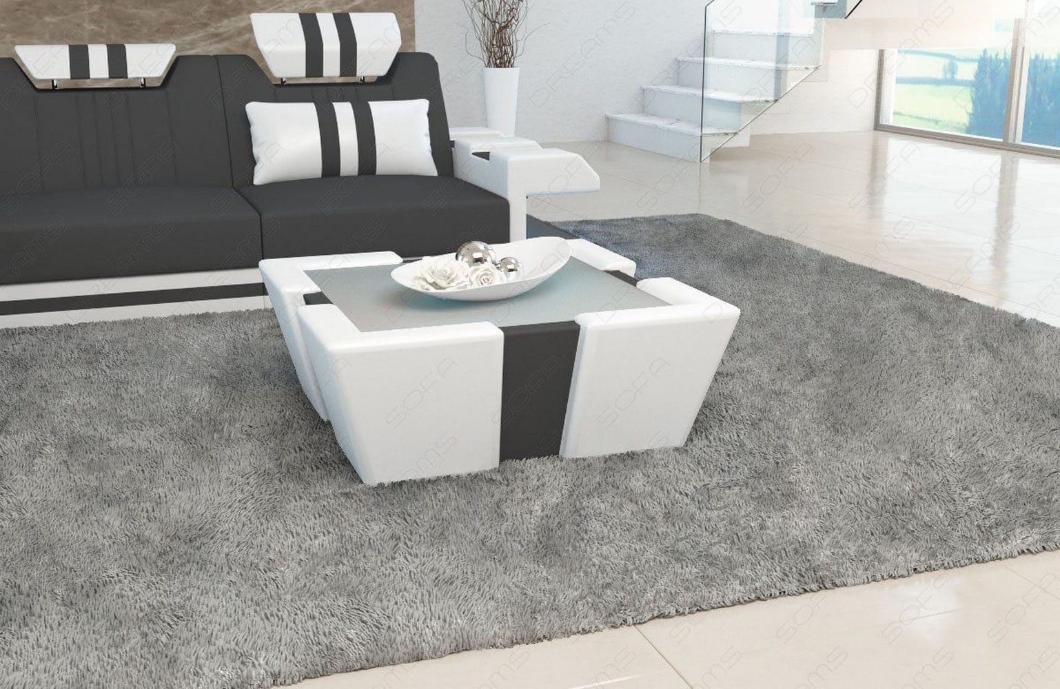 Stoff Couchtisch Apollonia mit LED Dunkelgrau-Weiß