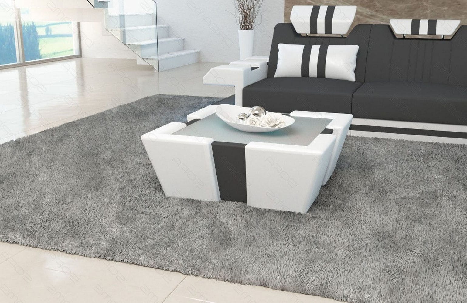 Stoff Couchtisch Apollonia mit LED Dunkelgrau-Weiß