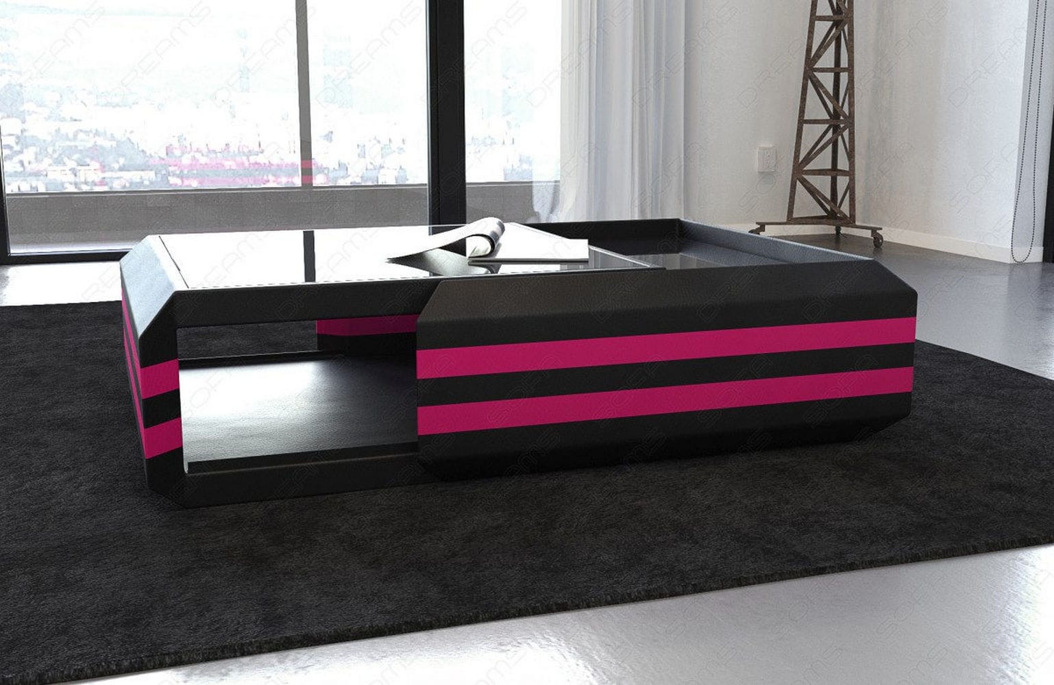 Leder Couchtisch Ravenna – Ausziehbar & Elegant Schwarz-Pink