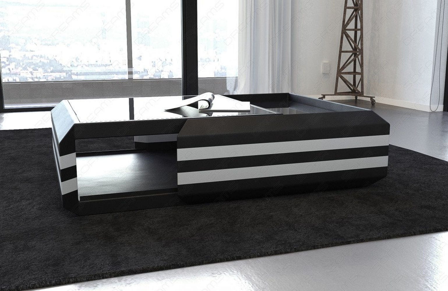 Leder Couchtisch Ravenna – Ausziehbar & Elegant Schwarz-Weiß