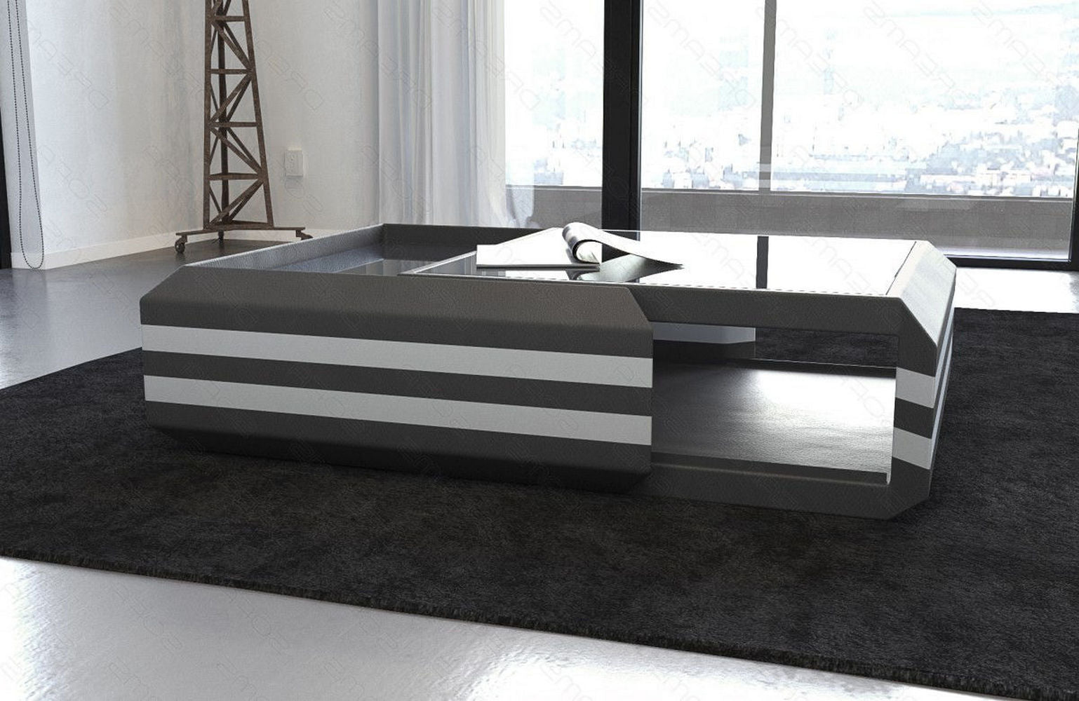 Leder Couchtisch Ravenna – Ausziehbar & Elegant Grau-Weiß