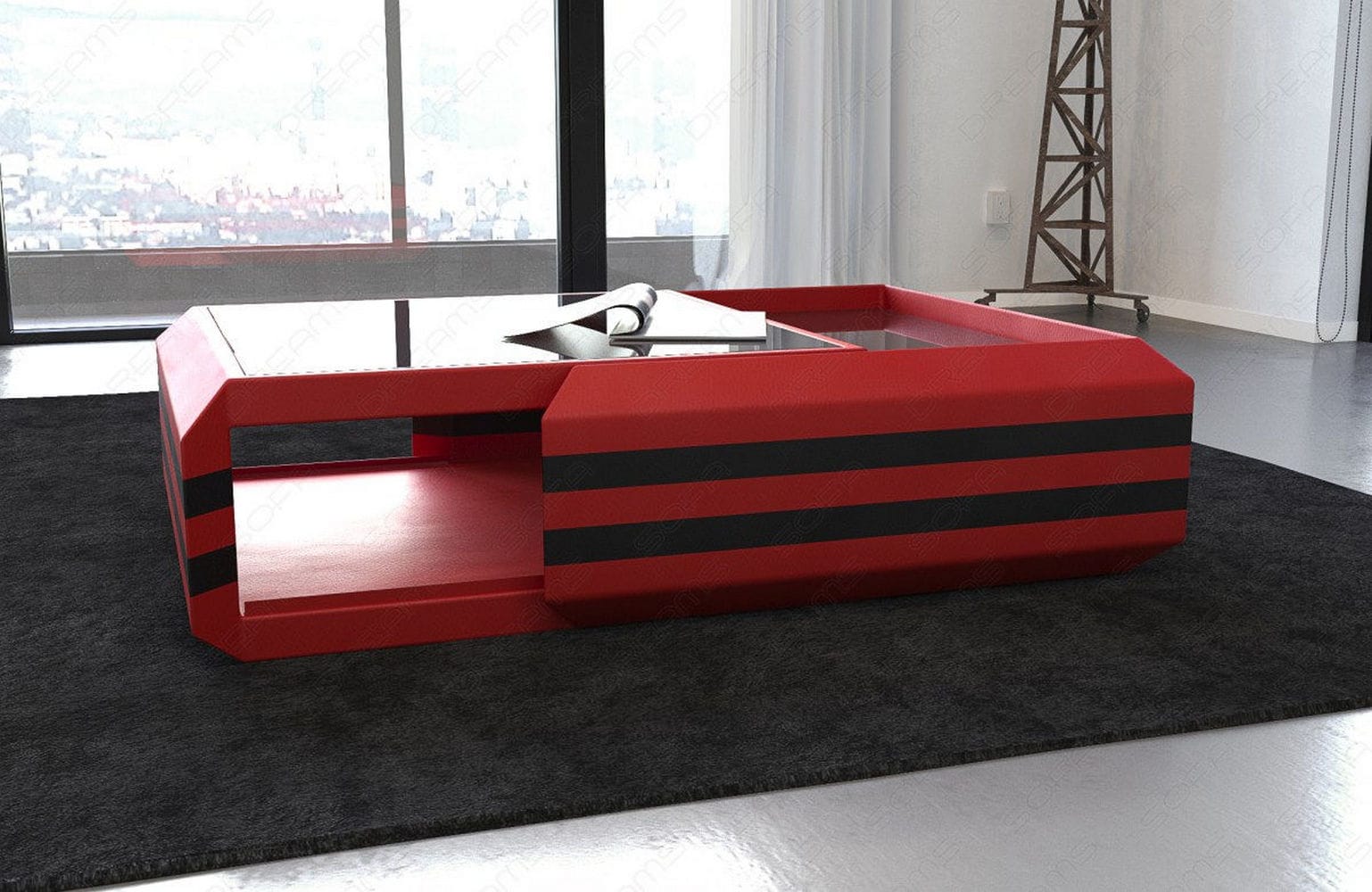 Leder Couchtisch Ravenna – Ausziehbar & Elegant Rot-Schwarz