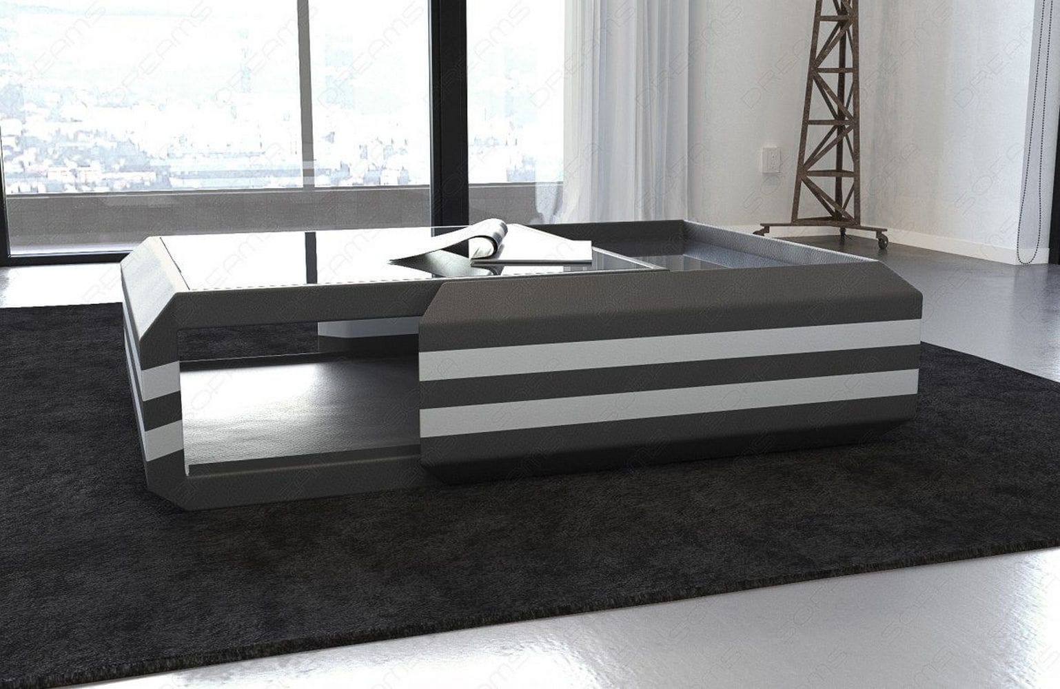 Leder Couchtisch Ravenna – Ausziehbar & Elegant Grau-Weiß